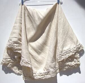 Beige Round Linen Tablecloth w/ Lace Trim 59" Diameter Cottagecore Farmhouse